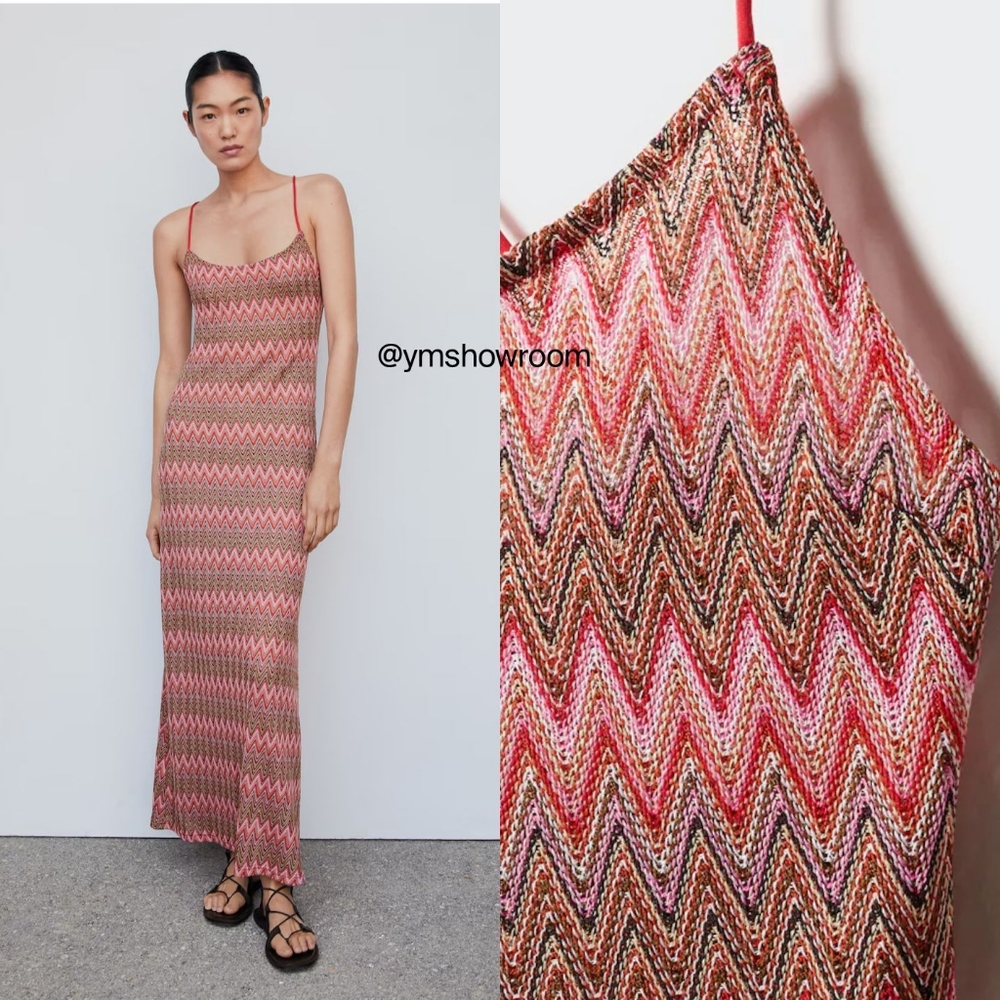 Mango Multicolor Zigzag Knit Slip Dress - Pink, Brown, Red